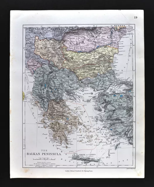 1885 Stanford Map Balkans Greece Turkey Bulgaria Romania Serbia Crete Antique