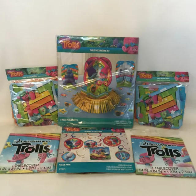 Trolls Birthday Party Decorations Bundle Tablecover, 12 Swirl, Banners, Set 1