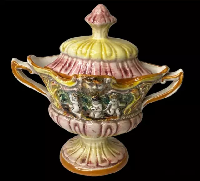 Antique Italian Capodimonte Porcelain Lidded Pedestal Bowl Urn w/Makers Mark