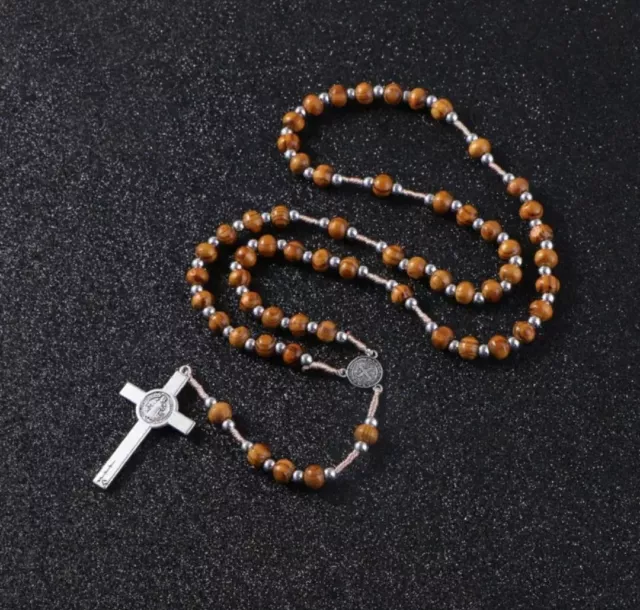 Wooden Rosary Beads Necklaces Catholic Religious Christian Cross Traditional 2