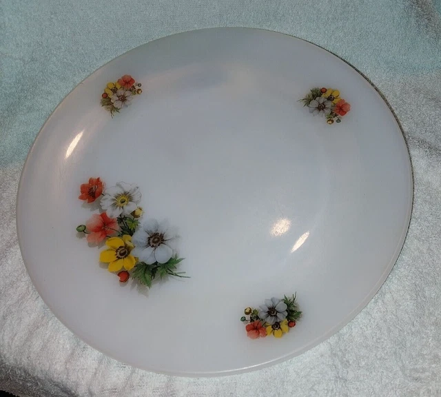 Grand Plat Rond Arcopal Vintage - Décor Fleurs Marguerites, Verre Blanc, France