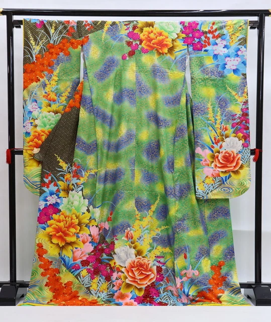 Japanese Silk Kimono Vintage Furisode Gold Green Rose Moutan Flower Robe 70in.