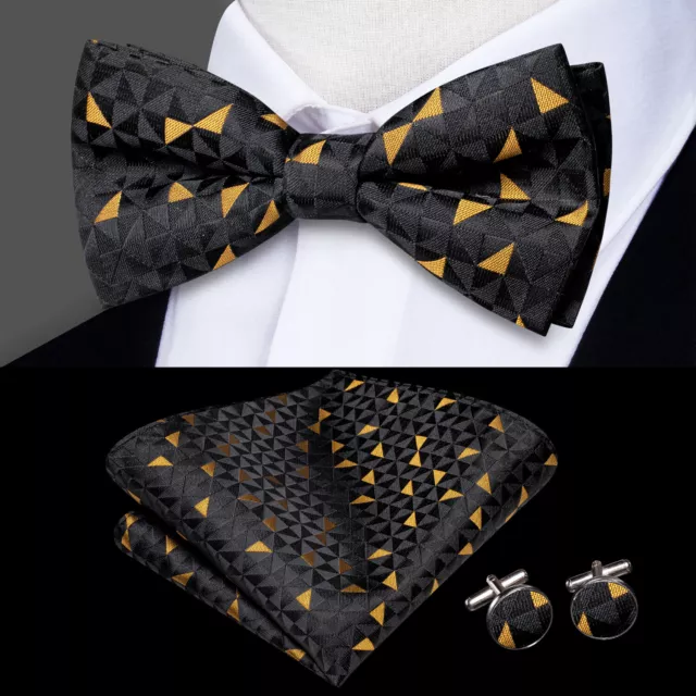 USA Geometric Black Gold Mens Bow Tie Hankie Cufflinsk Wedding Pink Red