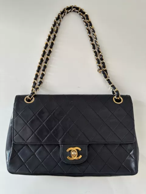 Authentic Vintage Chanel Black Lambskin Leather Chevron Chain