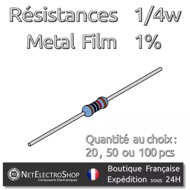 Résistances 10k Ohms / 10kR Couche Métal 1/4W 1% - Lot de 20, 50 ou 100pcs