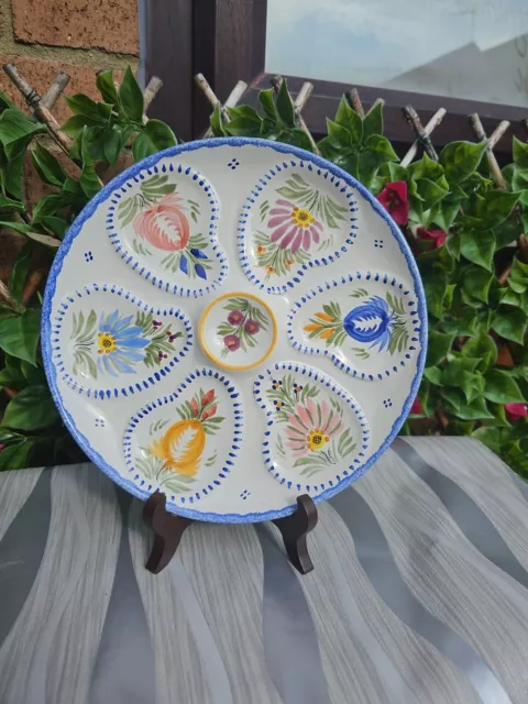 French Oyster Plate HB QUIMPER Hand Painted Signed Faience Majolica Signed 8½"