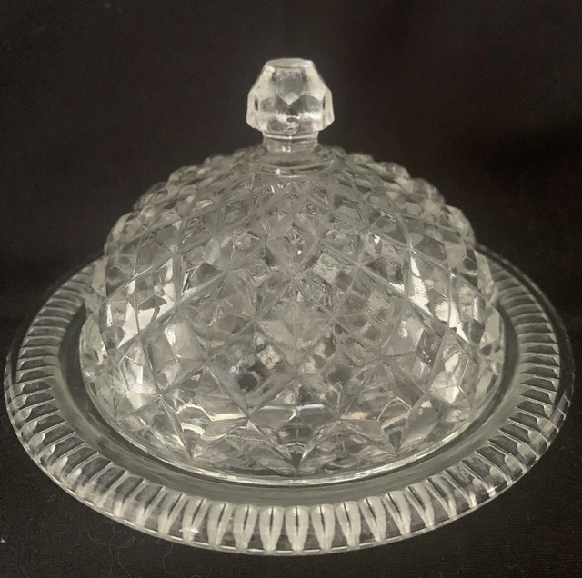 VINTAGE PRESSED GLASS Butter Pat DIsh with Dome Lid Tableware £11.00