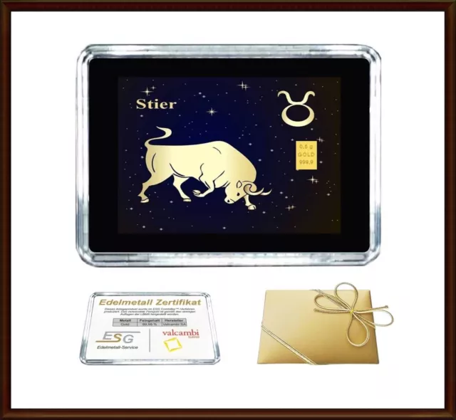 0,5g 1g Gramm Gold Barren in Motivbox "Sternzeichen Stier" Geburtstag Geschenk