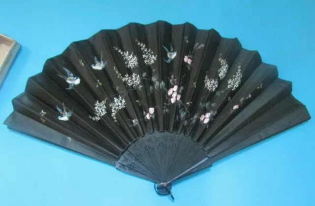 Ancien Grand Eventail Peinture Peint Aux Mesanges Fan Fächer