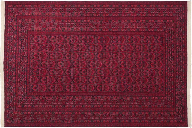 Afghan Mauri Tapis 200x300 Noué à la Main Rouge Géométrique Orient à Poils Ras H