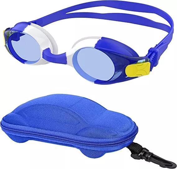 moudou Kids Swimming Swim Goggles Soft Silicone Swim Goggles Car Case 3-12 Years