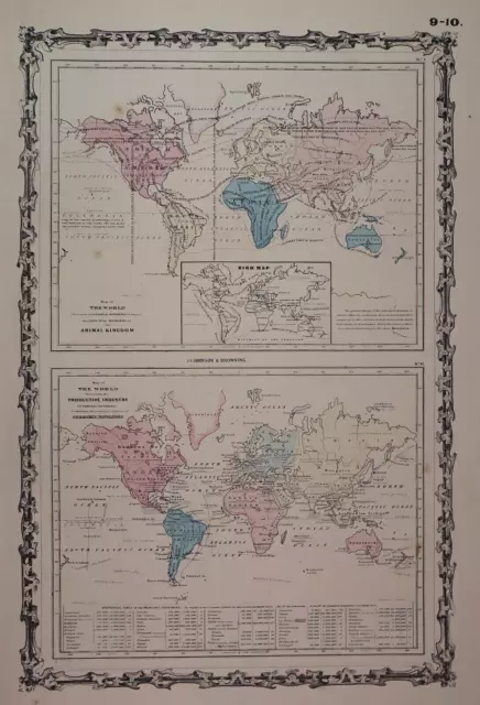 1862 Johnson Atlas Map ~ WORLD ANIMAL KINGDOM - INDUSTRY ~ (14x18) -#1464