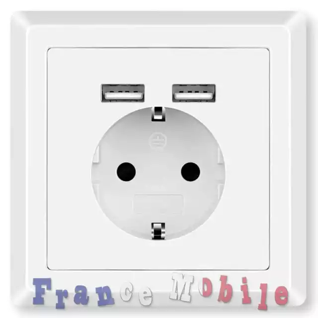 Prise de Courant Encastrée Schuko avec 2 Ports USB pour Smartphones Tablet Blanc