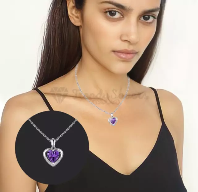 Genuine 925 Sterling Silver Heart Purple Crystal Stone Pendant Chain Necklace UK