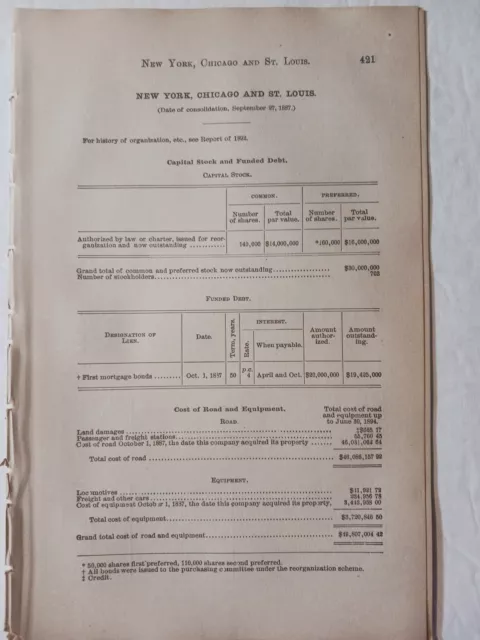 1894 train report NEW YORK CHICAGO & ST LOUIS RAILROAD Buffalo NY Wm Vanderbilt