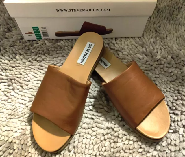New Steve Madden Leather Upper Flat Sandals 7.5 Tan Brown Women's Summer Beach
