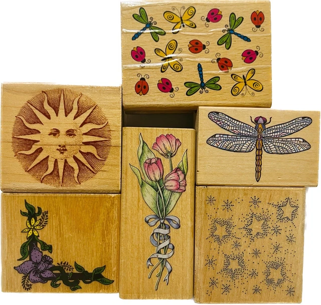 Lot of 6 STAMP SUN SOLEIL  RUBBER STAMPEDE DRAGONFLY TULIP STARS BUTTERFLY Bugs