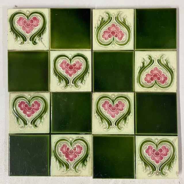 4 set rare Antique Art Nouveau Fireplace Majolica Tile England c1900
