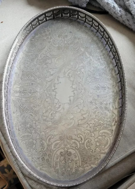 Vintage English Viners of Sheffield Chased Ornate Oval Rimmed Tray Art...