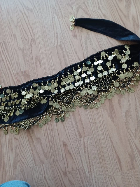Belly Dance Hip Scarf With Beads And Coins -Black/Gold