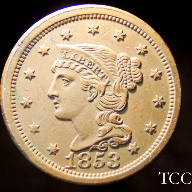 1853 BRAIDED HAIR LARGE CENT ~ STUNNING UNC 1c COIN ~ FREE SHIPPING ~ TCC