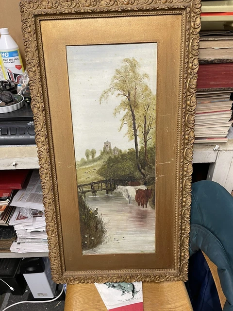 Antiguo F S Gardner Inglés Escuela Cattle Escena Pintura Dorado Marco 73X40cm