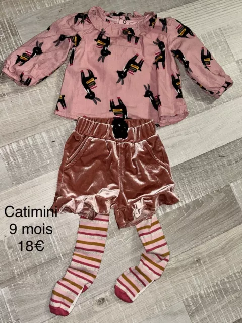 Catimini 9 MOIS Fille : Ensemble Chemisier + short + collants lama Hiver TBE