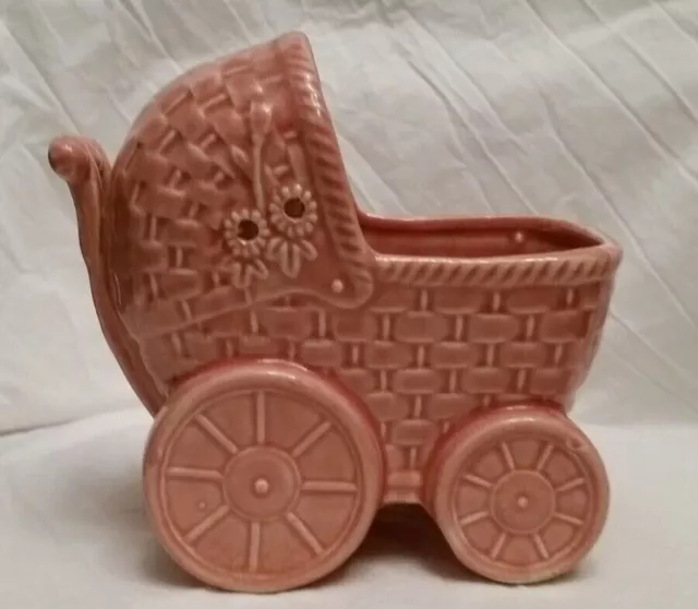 Vintage Japan Pink Ceramic Baby Buggy Stroller Succulent Planter Nursery Decor