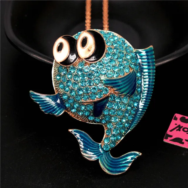Betsey Johnson Bling Blue Rhinestone Lovely Fish Crystal Pendant Chain Necklace
