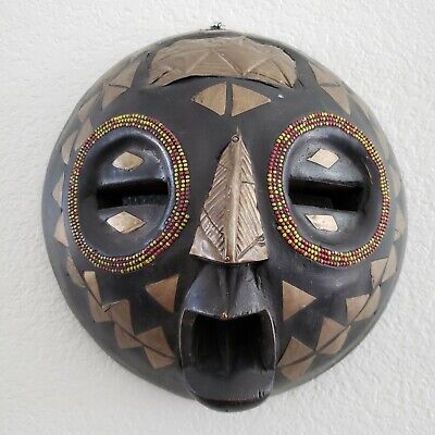 Vintage West African Ashanti Beaded Brass Inlay Carved Round Wood Moon Mask 12"