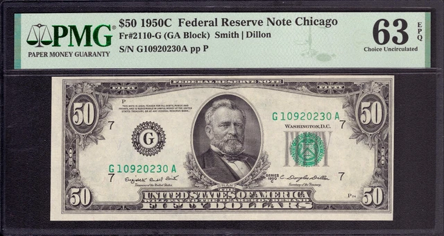 1950 C $50 Federal Reserve Note Chicago Fr.2110-G Pmg Choice Unc 63 Epq (230A)