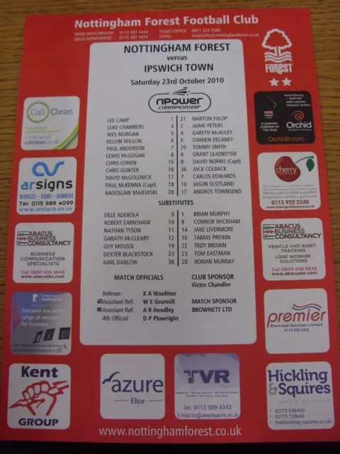 23/10/2010 Colour Teamsheet: Nottingham Forest v Ipswich Town  (Folded). Thanks