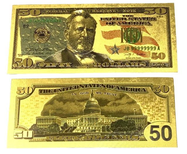 24K GOLD PLATED Foil 50 Dollar Bill Collectible Novelty Collection