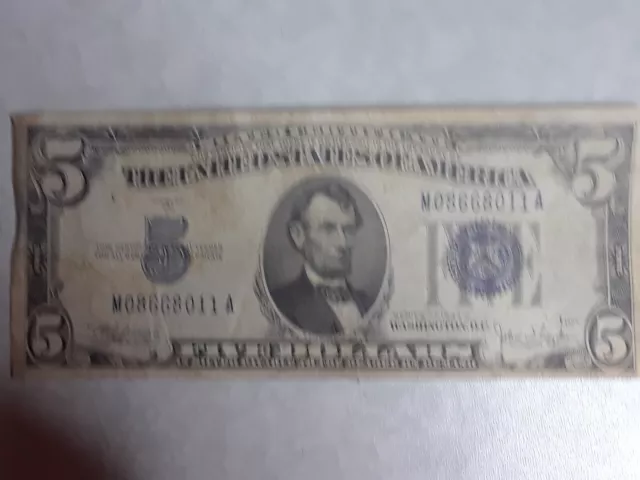 1934 C Blue Seal $5 Dollar Silver Certificate, VG/VF