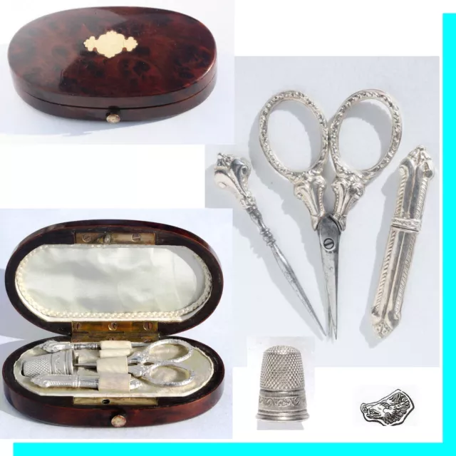 ARGENT nécessaire de couture miniature coffret ancien Jouet Sewing etui Child