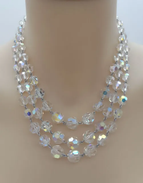 Vintage Triple Strand Aurora Borealis Faceted Crystal Necklace 78 grams