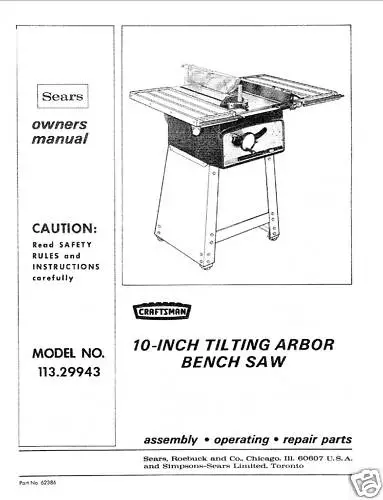 Sears Craftsman  Table Saw Manual Model # 113.29943