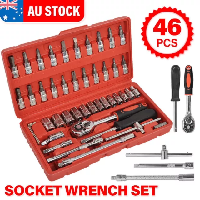 46PCS Deep Socket Set Metric Wrench CRV 1/4" Drive Flexiable Extension Bar Tools