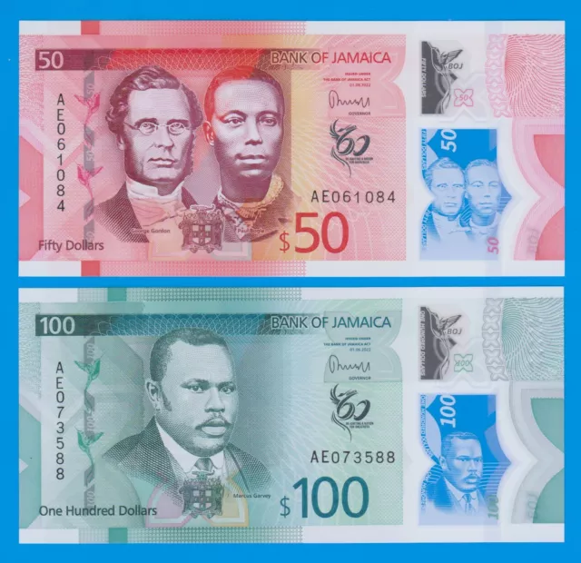 Jamaica 50 + 100 Dollars P 96 and P 97 New 2023 (2022) Polymer UNC 2 notes