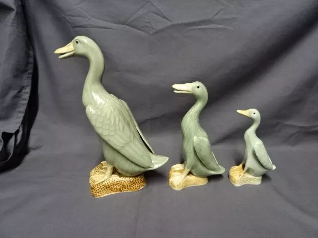 Graduated Set Of 3 Chinese Porcelain Green Celadon Duck Figures