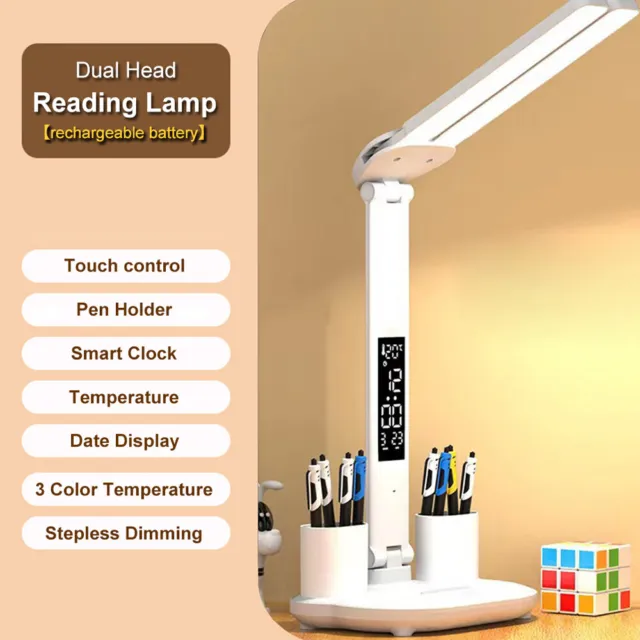 2 Head Touch LED Desk Lamp Dimmable Study Reading Table Light Recharge Battery