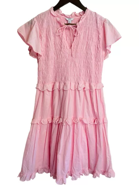 Crown & Ivy Dress Womens Medium Pink Ruffled Flutter Sleeve Elastic Bodice Swing