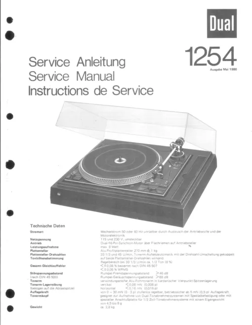 Dual Service Manual für Phono 1254  Copy