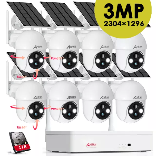 ANRAN 3MP 8CH NVR Wireless Security Camera System Outdoor Solar Powered PTZ CCTV