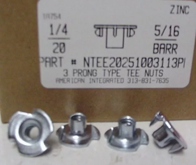 1/4-20 T-Nuts 5/16" Barrel 3 Prong Steel Zinc Plated (50)