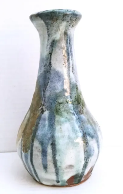 Vintage Drip Glaze Vase Blue Green Brown Studio Pottery Signed Mid Century 1965 3
