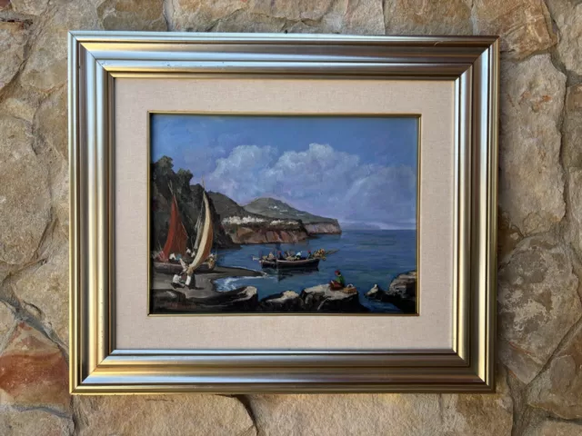 Quadro vintage -Marina Con Barche- dipinto a olio su tela