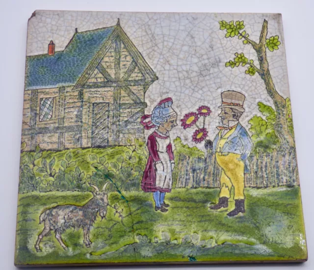  ° Relief Victorian FARMER goat  Emaux de GIEN Art Nouveau Tile Jugendstil Tegel 3