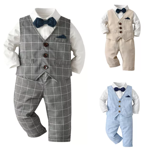 3pcs Baby Boy Gentleman Outfit Birthday Party Shirt Bowtie Check Vest Pants Suit