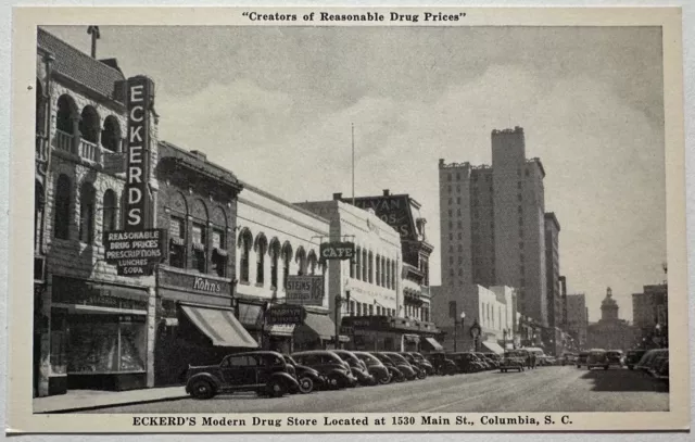 Columbia South Carolina Main Street Drug Store Postcard c1940s